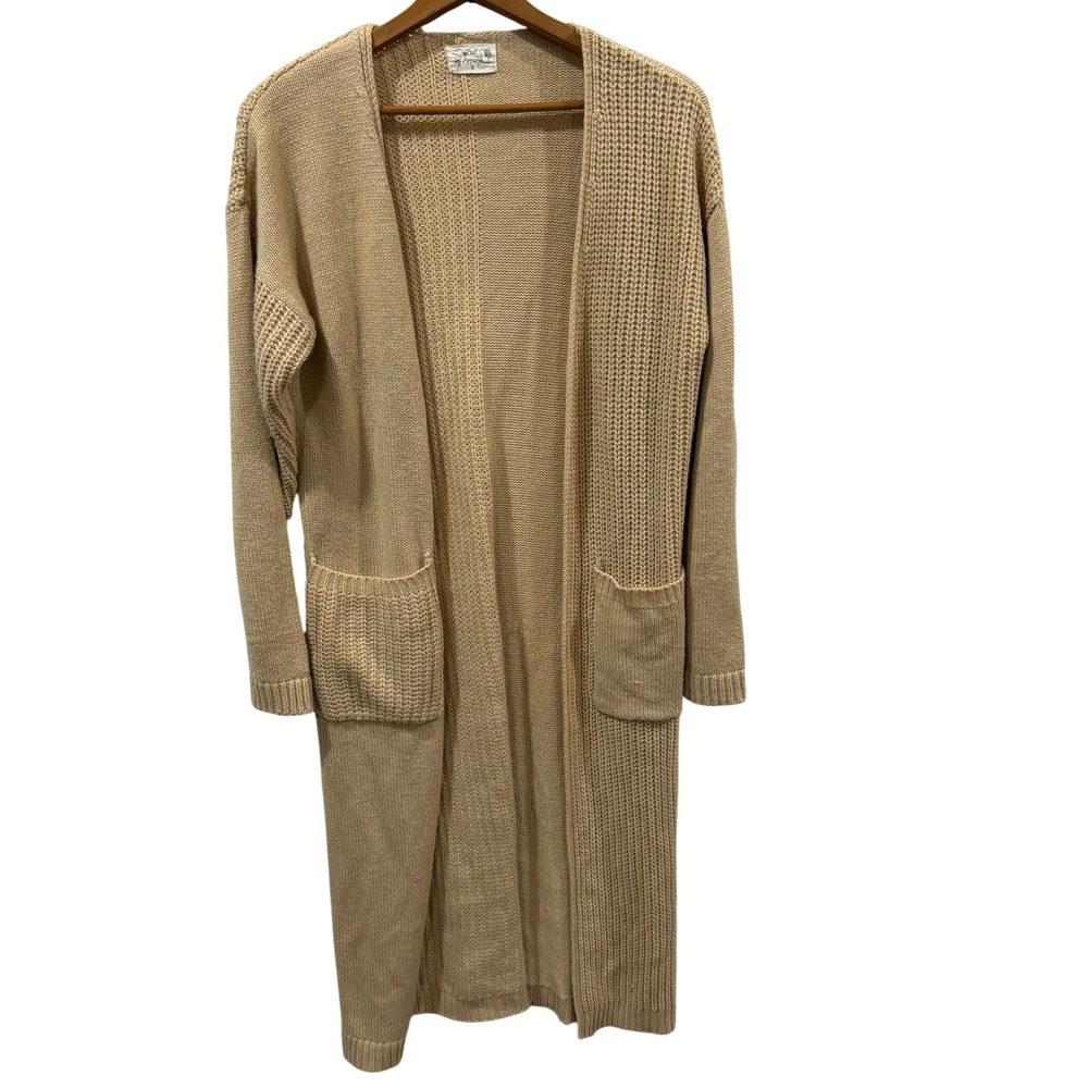 Poof Apparel Womens Tan Beige Longline Open Front Duster Cardigan Sweater Small‎